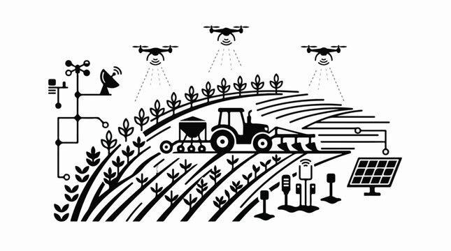 Modern farm technology with drones tractor and sensors