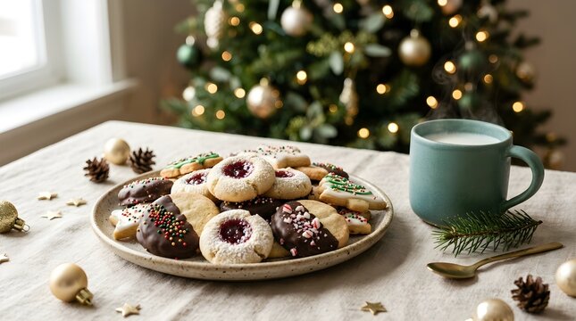 Cookies are served on a festive table with a mug during the winter holidays.