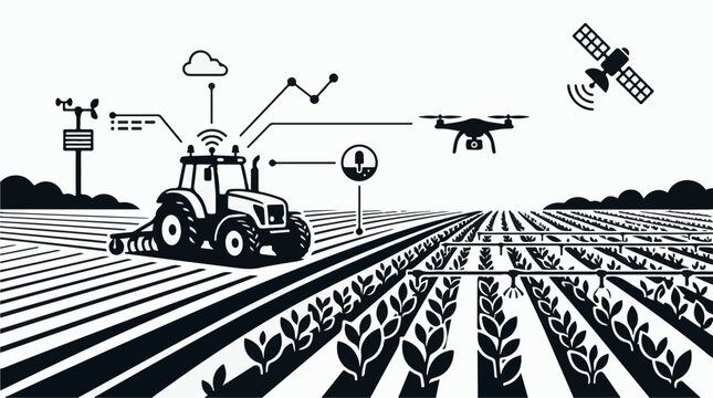 Modern farm tractor and drone monitoring crops with satellite