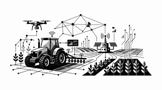 Modern farm technology with tractor drone solar panels and network