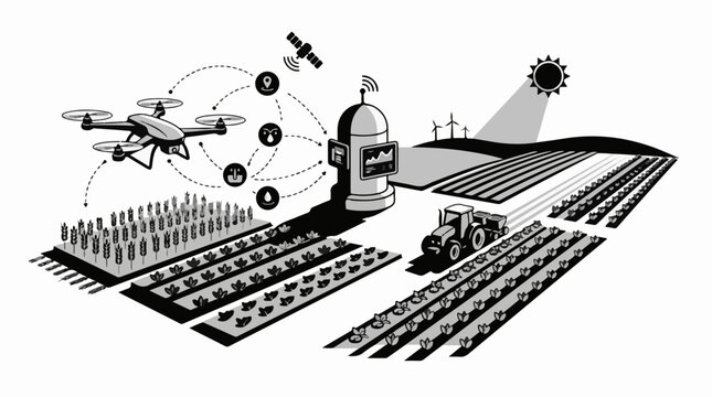 Modern farm uses drone tractor satellite and data hub