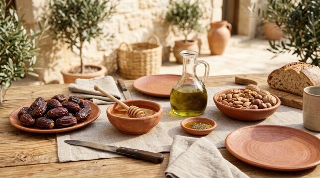 A traditional Mediterranean breakfast setup features sweet dates and aromatic honey served on rustic ceramic dinnerware upon a weathered wooden table beneath the warm glow of an afternoon summer