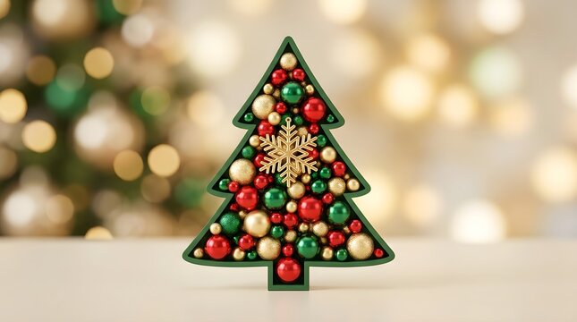 Christmas tree ornament featuring colorful glass spheres sits on a clean desk.