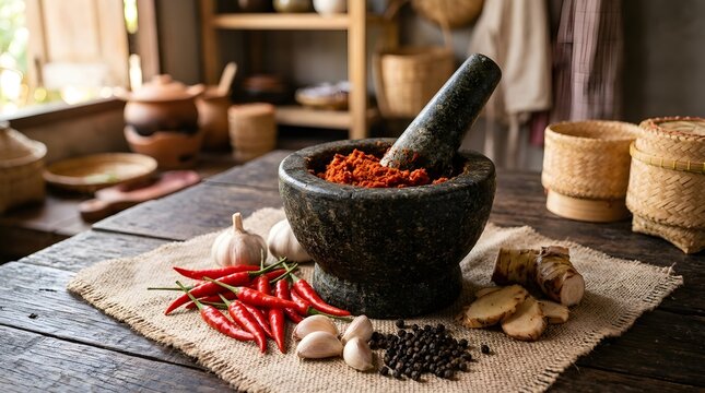 Mortar and pestle sit on a wooden table surrounded by raw traditional spices.