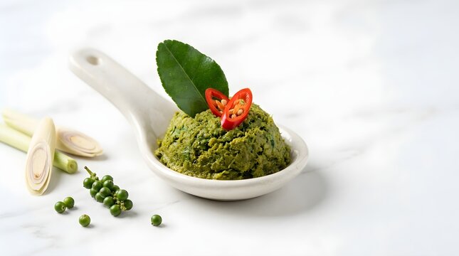 Spoon holds a freshly ground green herbal paste garnished with a chili slice.