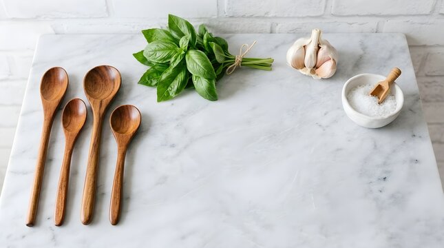 Wooden spoons rest on a marble counter next to fresh basil and garlic cloves.