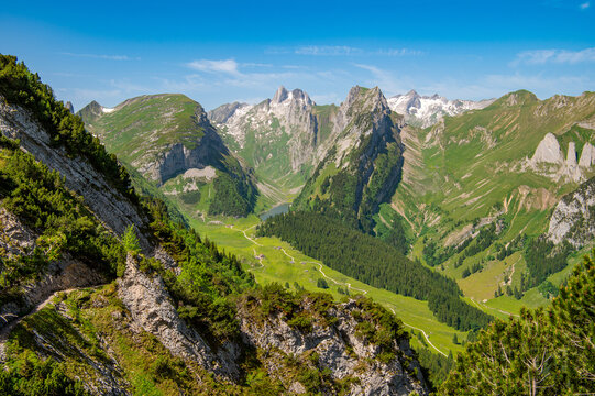 F&auml;lensee lake and alpine valley in Alpstein, Switzerland