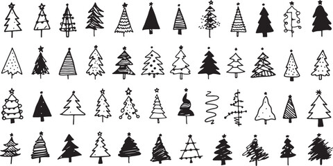 Hand drawn fir trees arranged in rows with a simple doodle style and black ink on white background © mohhamad