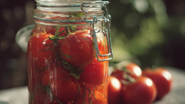 A vibrant jar full of juicy red cherry tomatoes, fresh green basil leaves, and garlic cloves, ready to be used.