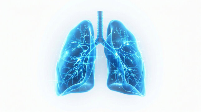 Detailed holographic lungs with visible bronchial network floating on pure white background, showing respiratory system anatomy in glowing blue light with digital effects