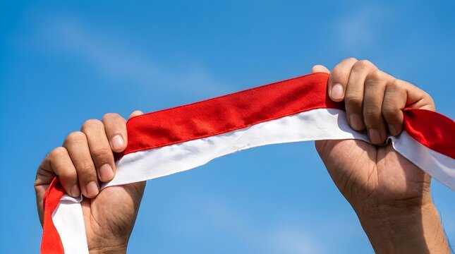 Patriot holds a red and white flag proudly against a clear blue summer sky.