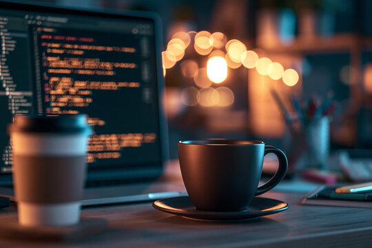 A close-up of a dark coffee cup on a saucer next to a laptop displaying code captured in a warm cozy dimly lit workspace