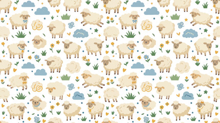 Fototapeta premium Cute Flat Cartoon Sheep and Lamb Seamless Pattern for Children's Textile, Farm, and Agriculture Industry