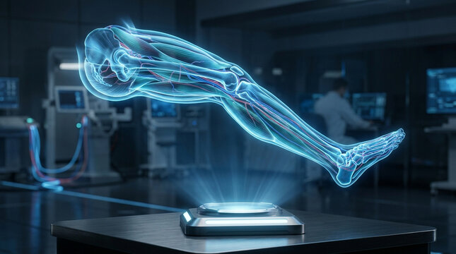 Futuristic hologram human leg anatomy showing bones muscles and blood vessels in high tech laboratory with scientist working in background
