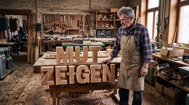 &Auml;lterer Schreiner in seiner Werkstatt neben gro&szlig;en Holzbuchstaben mit dem Schriftzug MUT ZEIGEN als Totale