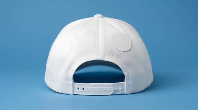 Plain White Baseball Cap Facing Backward With Adjustable Strap Displayed Against A Solid Blue Background Minimalist Product Shot