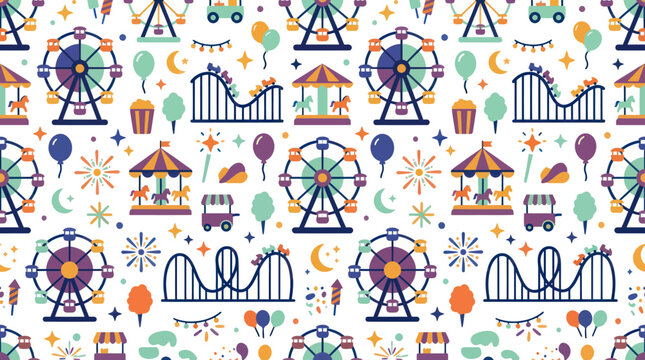 Flat Design Amusement Park Seamless Pattern: Ferris Wheels, Roller Coasters, Carousels