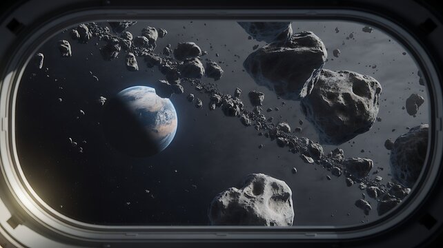 Asteroids near planet Earth in space view from spaceship porthole. Meteorites in outer space near Earth. An asteroid field in the Solar System. 