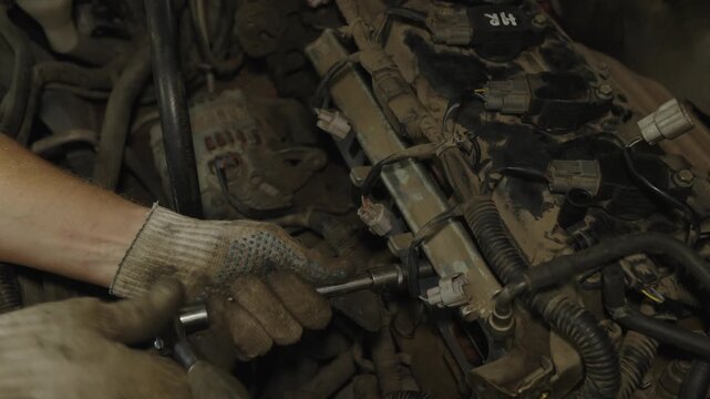 Mechanic tightening bolts with a ratchet wrench on a car engine.