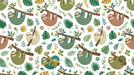 Fototapeta premium Cute Cartoon Sloths Seamless Pattern with Tropical Leaves in Flat Design Style for Kids Nature Themes