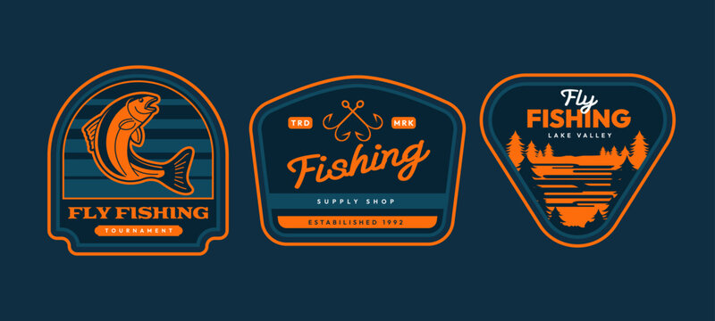 Vintage Fly Fishing Badges and Outdoor Angler Emblem Labels Set