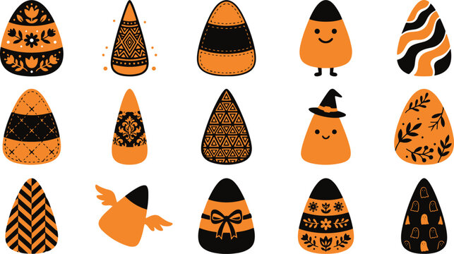 Set of decorative halloween candy corn ornaments with various festive patterns and designs isolated on transparent background