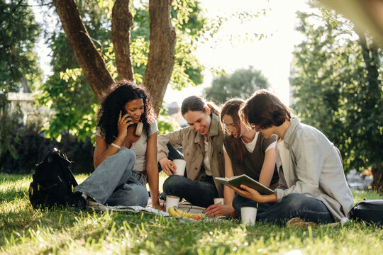 Group of four young adults engaged in discussion while sitting on grass under trees, with notebooks and drinks visible in a sunny outdoor setting