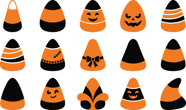 Collection of various decorative halloween candy corn treats featuring spooky faces and patterns isolated on transparent background