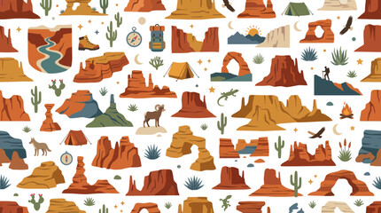 Fototapeta premium Outdoor Adventure Flat Vector Seamless Pattern: Southwest USA Desert Landscapes, Nature Camping Icons