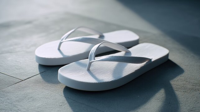 Pair of white rubber flip flops on grey stone floor. Summer footwear for beach vacation and pool side relaxation. Casual comfortable sandals for tropical travel and holiday style.
