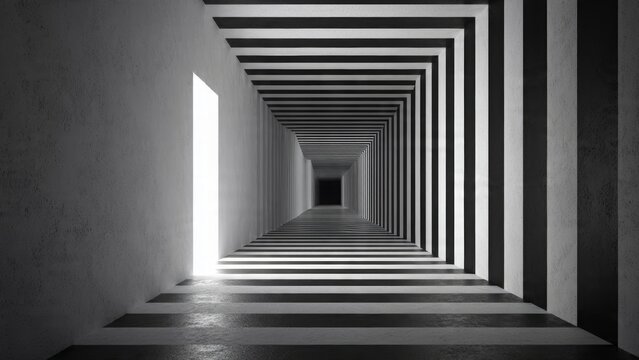 An optical illusion of a black and white infinity hallway with light at the end, creating a surreal and disorienting effect.