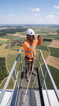 Windkrafttechniker mit Fernglas beim Fernblick aus der Vogelperspektive hoch oben auf der Plattform eines Windrads &uuml;ber weiter Feldlandschaft