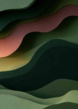 Abstract digital art piece with a dark green background. the background is made up of multiple layers of different shades of green and pink, creating a wave-like pattern.