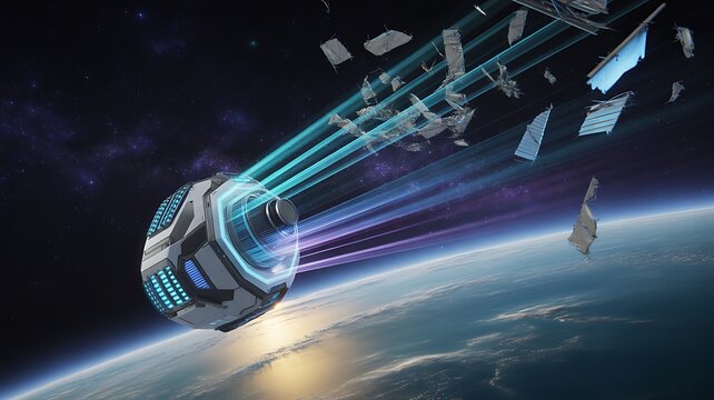 Futuristic AI satellite scanning Earth orbit with advanced sensors and beams of light, monitoring and tracking space debris to ensure safe navigation in outer space. 