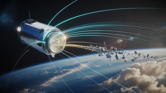 Futuristic AI satellite scanning Earth orbit with advanced sensors and beams of light, monitoring and tracking space debris to ensure safe navigation in outer space. 