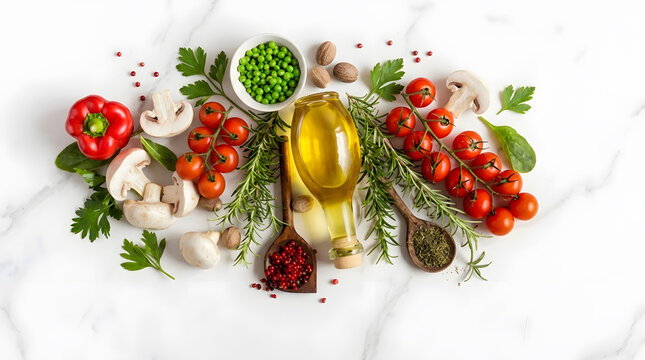 Fresh Vegetables Olive Oil and Spices Horizontal Banner Flat Lay | Italian Culinary Ingredients on White Marble | Healthy Mediterranean Diet | Cooking Setup