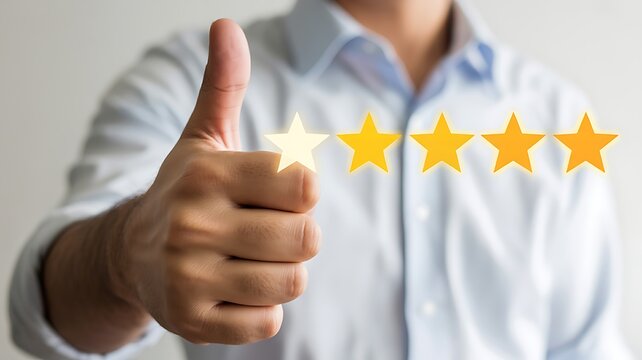 Happy client showing positive thumb up for service satisfaction. Excellence 5 star rating feedback for business quality guarantee. Best product review result with trustworthy approval sign. 