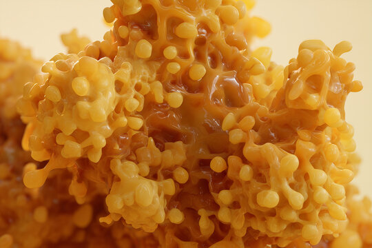Macrophage cluster with pseudopod extensions in warm amber gold tones on ivory background