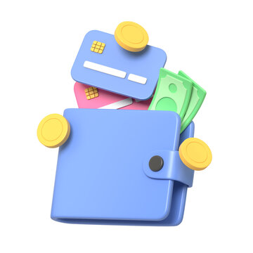 Vibrant 3D rendering of wallet bursting with credit cards currency and coins against a dark background symbolizing financial abundance.3d render