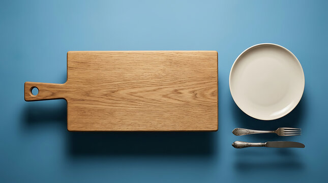 Rustic Wooden Cutting Board and Plate with Cutlery Set on a Vibrant Blue Tabletop Surface Overhead View