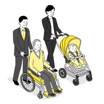 仕事と育児・介護を両立する働く男女のイラスト、両立支援のイメージ