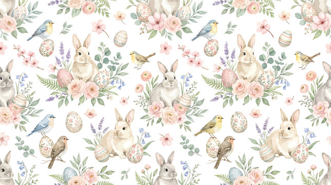 Easter seamless pattern with watercolor bunnies flowers and decorative eggs for spring holiday textile and wrapping paper