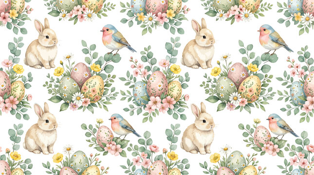 Easter seamless pattern with cute bunnies colorful eggs and spring flowers in a soft watercolor illustration style