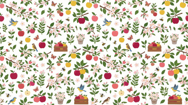 Whimsical Apple Blossom Pattern with Birds, Bees, and Butterflies
