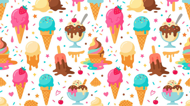 Colorful Flat Design Ice Cream Seamless Pattern - Summer Food  Dessert Background with Cones, Scoops, Sundaes, Popsicles