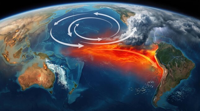 Global climate change illustration showing El Nino Pacific Ocean temperature warming weather anomaly atmospheric current wind circulation science map