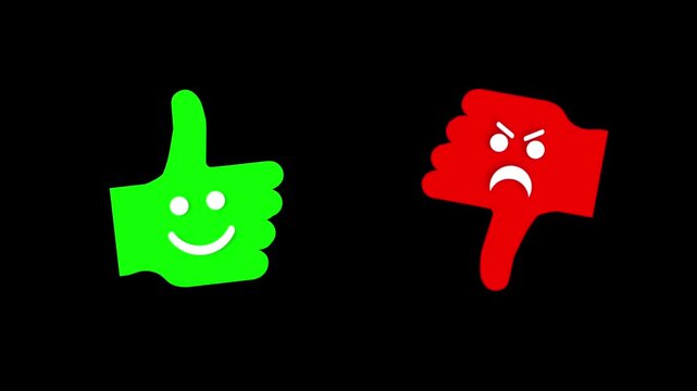 Featuring a green smiley thumbs up and a red angry thumbs down hand icon gently floating against a solid black background.