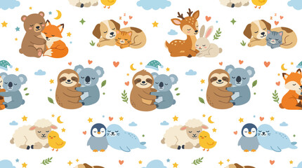 Fototapeta premium Cute Animal Couples Hugging Flat Vector Seamless Pattern for Children's Nursery, Baby Products Animal Love