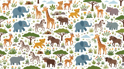 Obraz premium Cute African Safari Animals Seamless Pattern. Flat Vector Illustration for Kids' Design, Nursery Decor Wildlife Background.