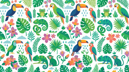 Obraz premium Tropical Jungle Animals and Plants Seamless Pattern. Cute Flat Cartoon Vector Background for Kids and Nature Themes